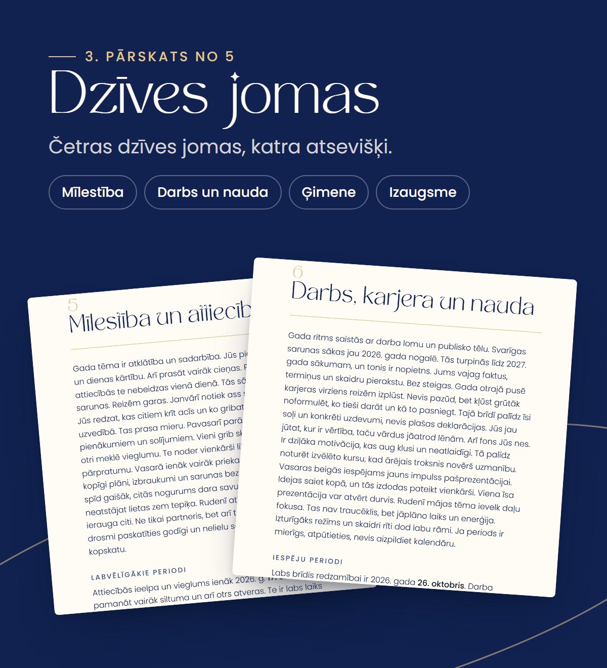 3. pārskats «Dzīves jomas»: mīlestība, darbs, ģimene un izaugsme